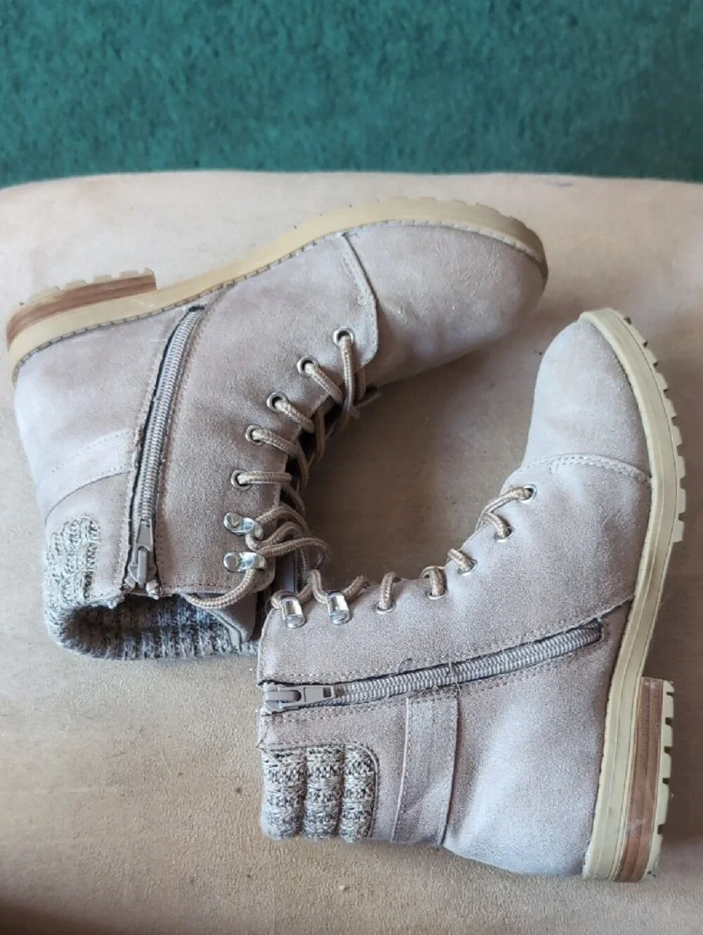 Girl's Taupe Knit-Cuff Lace-Up Boots